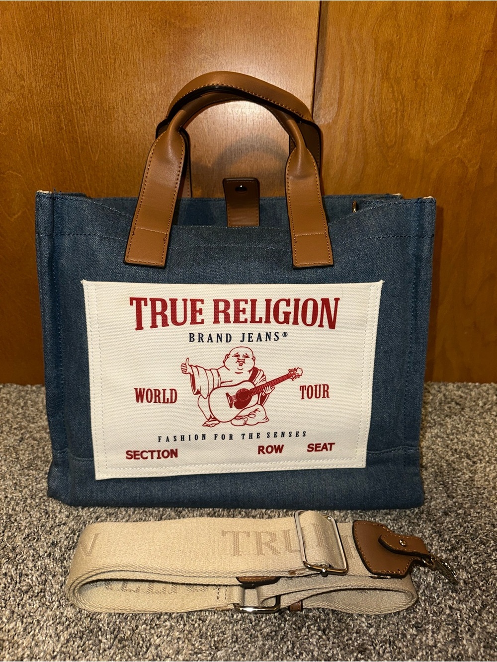 True Religion Denim Tote Bag with Brown Leather Handles - Blue/Cream